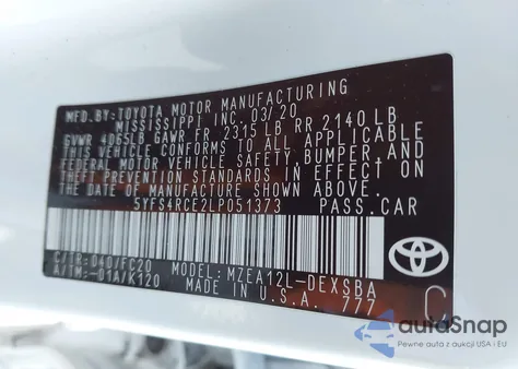 2020 Toyota Corolla Se из США, поврежденный, VIN 5YFS4RCE2LP051373